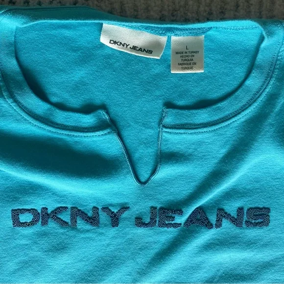 DKNY Blue Fitted T-Shirt with Cap Sleeves - Picture 3 of 5